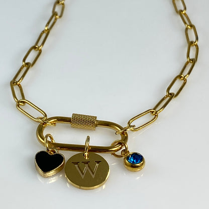 Oval Carabiner Heart, Initial Letter & Birthstone Charms on Paperclip Chain Necklace