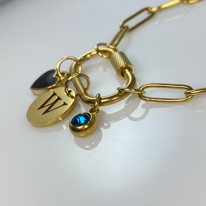 Oval Carabiner Heart, Initial Letter & Birthstone Charms on Paperclip Chain Necklace