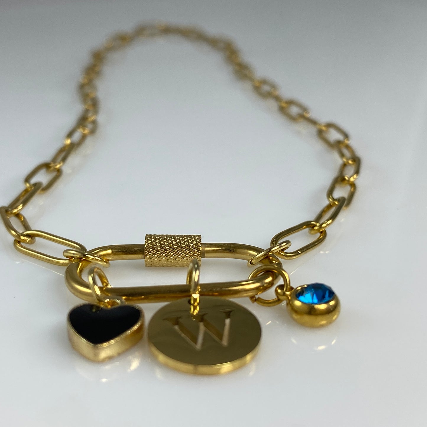 Oval Carabiner Heart, Initial Letter & Birthstone Charms on Paperclip Chain Necklace