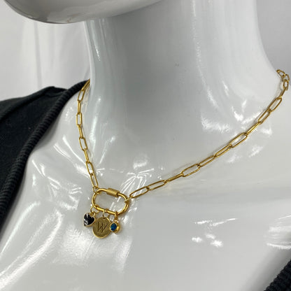 Oval Carabiner Heart, Initial Letter & Birthstone Charms on Paperclip Chain Necklace