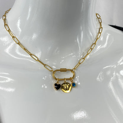 Oval Carabiner Heart, Initial Letter & Birthstone Charms on Paperclip Chain Necklace