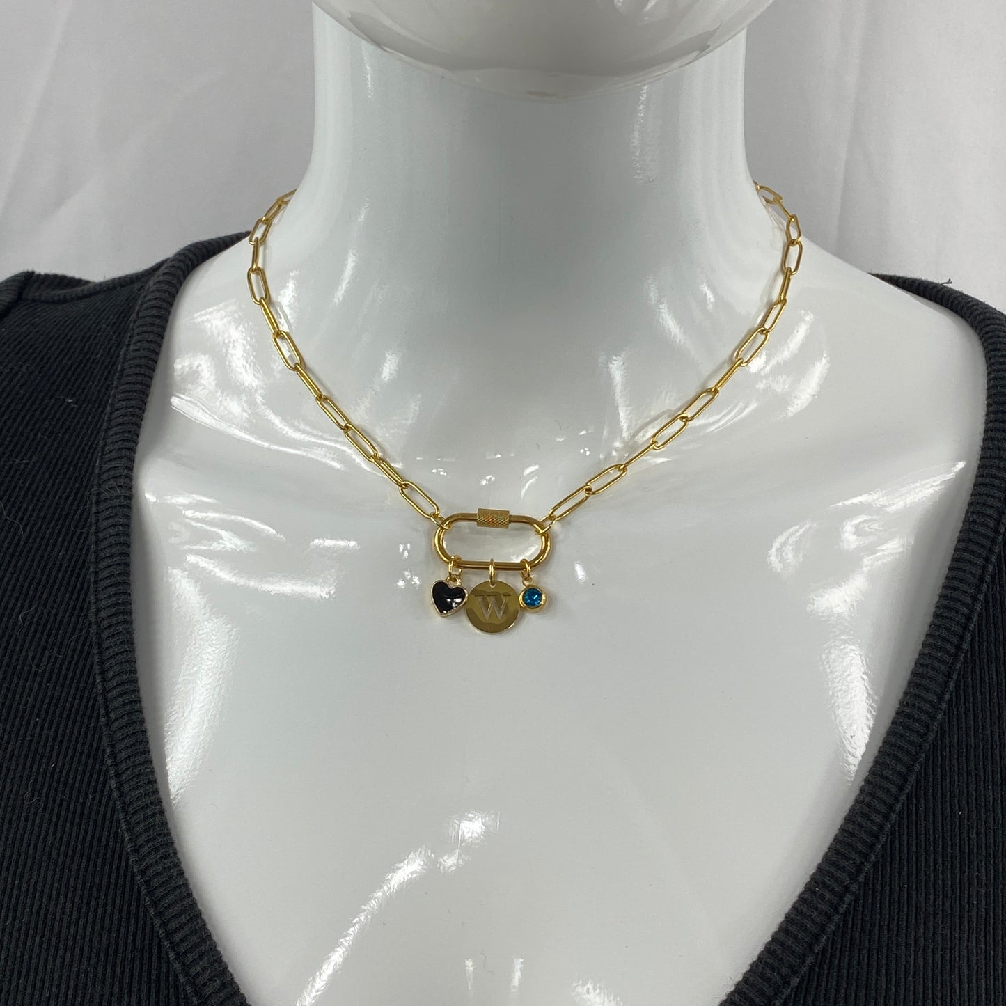 Oval Carabiner Heart, Initial Letter & Birthstone Charms on Paperclip Chain Necklace