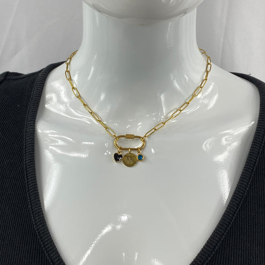 Oval Carabiner Heart, Initial Letter & Birthstone Charms on Paperclip Chain Necklace