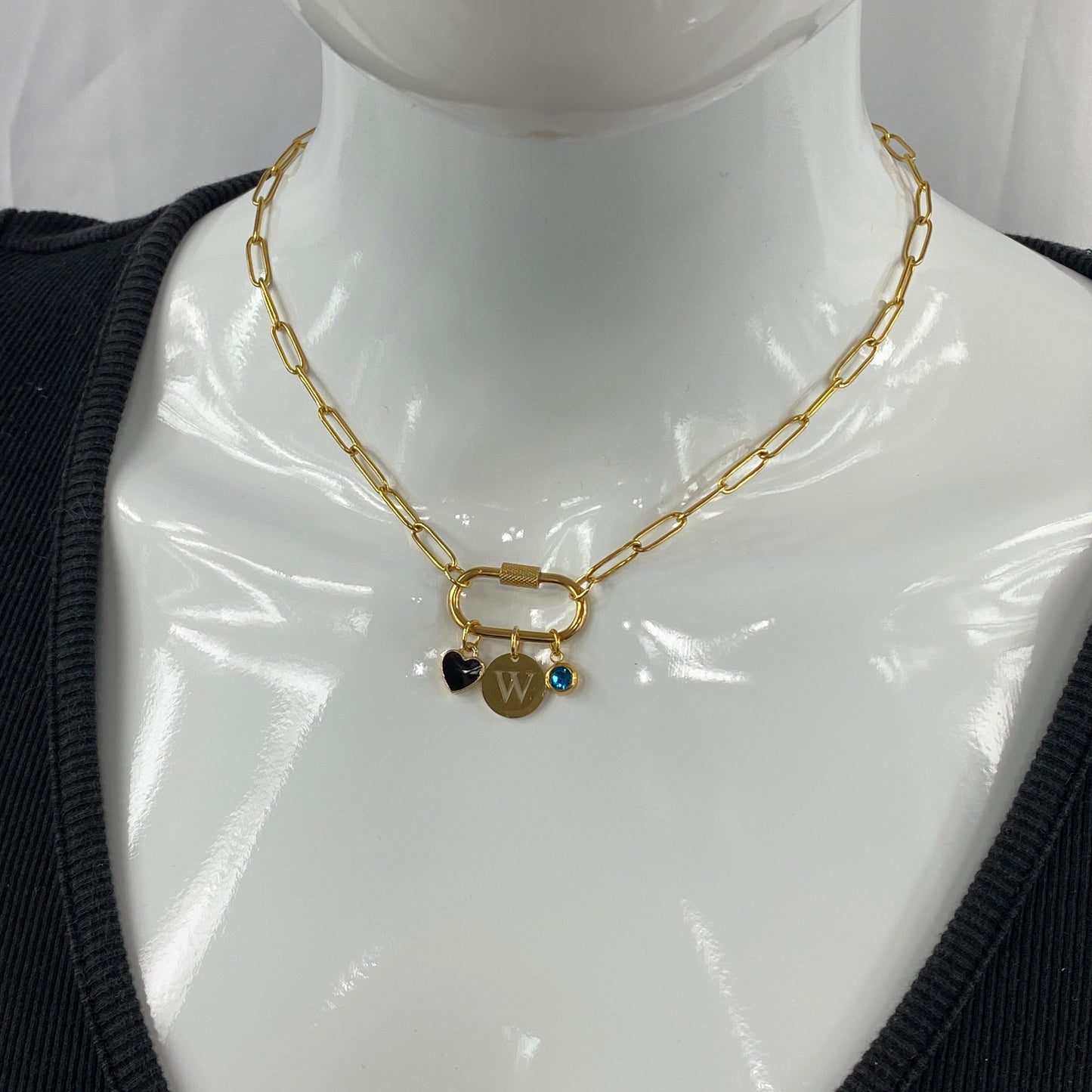 Oval Carabiner Heart, Initial Letter & Birthstone Charms on Paperclip Chain Necklace