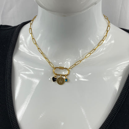 Oval Carabiner Heart, Initial Letter & Birthstone Charms on Paperclip Chain Necklace