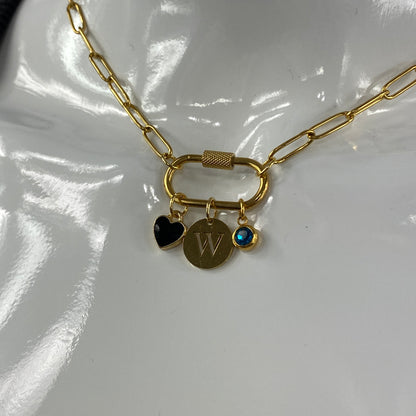 Oval Carabiner Heart, Initial Letter & Birthstone Charms on Paperclip Chain Necklace