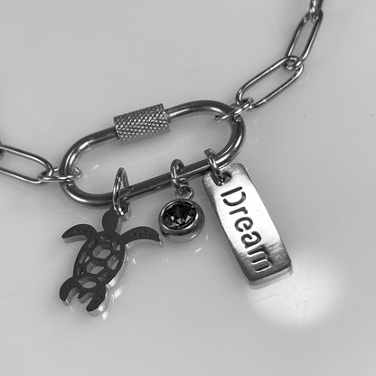 Oval Carabiner Turtle Birthstone Charms on Paperclip Chain Necklace