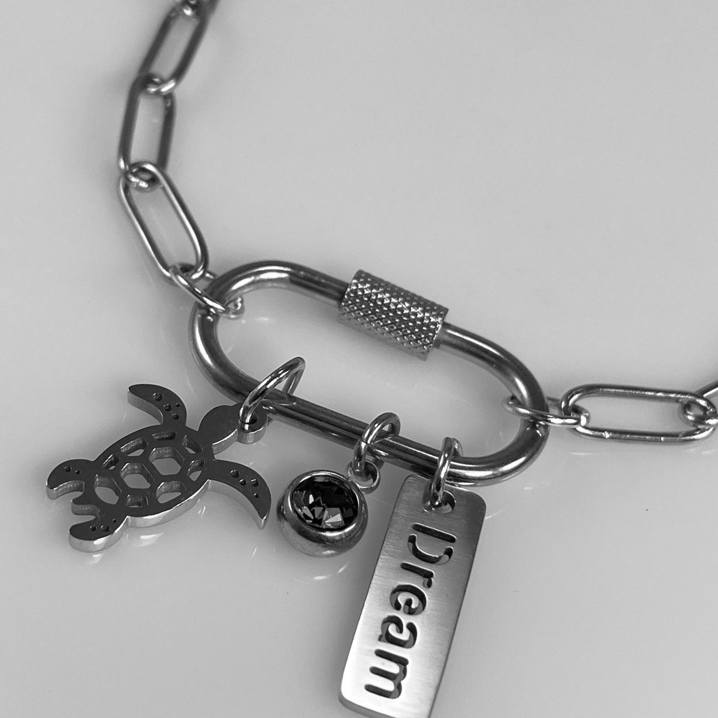 Oval Carabiner Turtle Birthstone Charms on Paperclip Chain Necklace