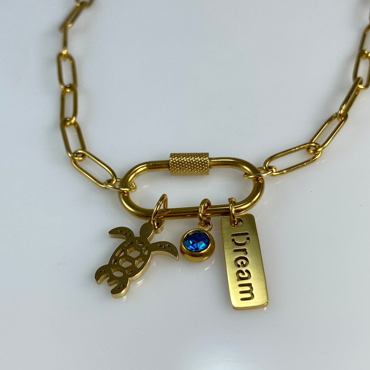 Oval Carabiner Turtle Birthstone Charms on Paperclip Chain Necklace