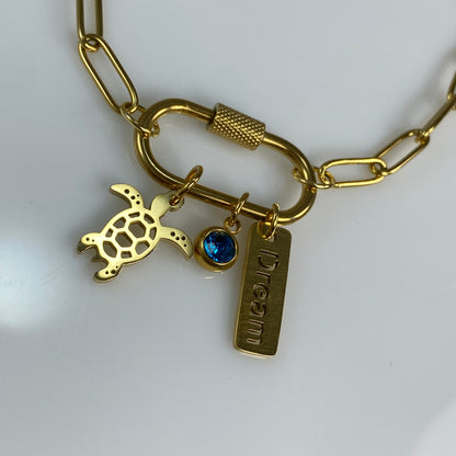 Oval Carabiner Turtle Birthstone Charms on Paperclip Chain Necklace