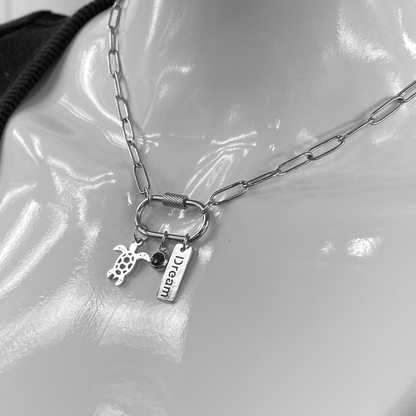 Oval Carabiner Turtle Birthstone Charms on Paperclip Chain Necklace