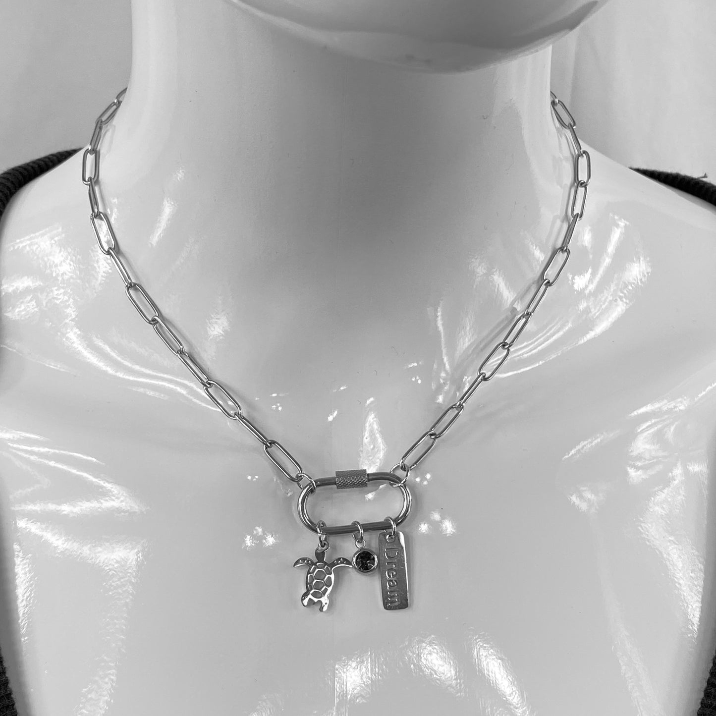 Oval Carabiner Turtle Birthstone Charms on Paperclip Chain Necklace