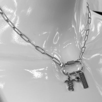 Oval Carabiner Turtle Birthstone Charms on Paperclip Chain Necklace