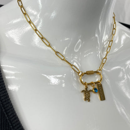 Oval Carabiner Turtle Birthstone Charms on Paperclip Chain Necklace