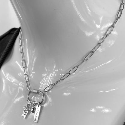 Oval Carabiner Turtle Birthstone Charms on Paperclip Chain Necklace