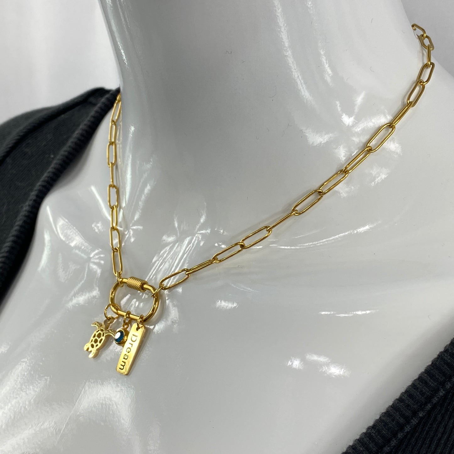 Oval Carabiner Turtle Birthstone Charms on Paperclip Chain Necklace