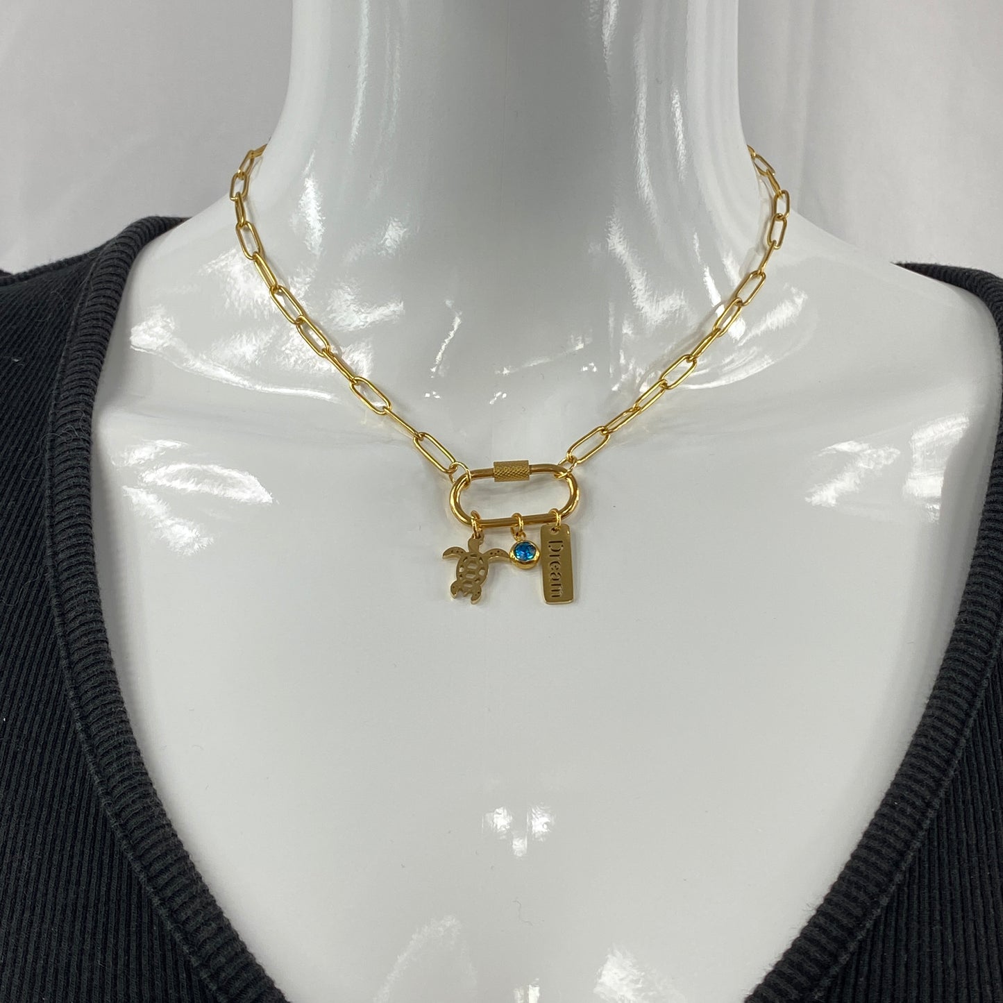 Oval Carabiner Turtle Birthstone Charms on Paperclip Chain Necklace