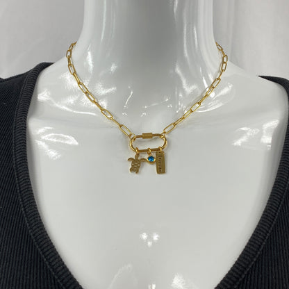 Oval Carabiner Turtle Birthstone Charms on Paperclip Chain Necklace