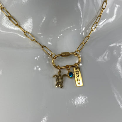 Oval Carabiner Turtle Birthstone Charms on Paperclip Chain Necklace