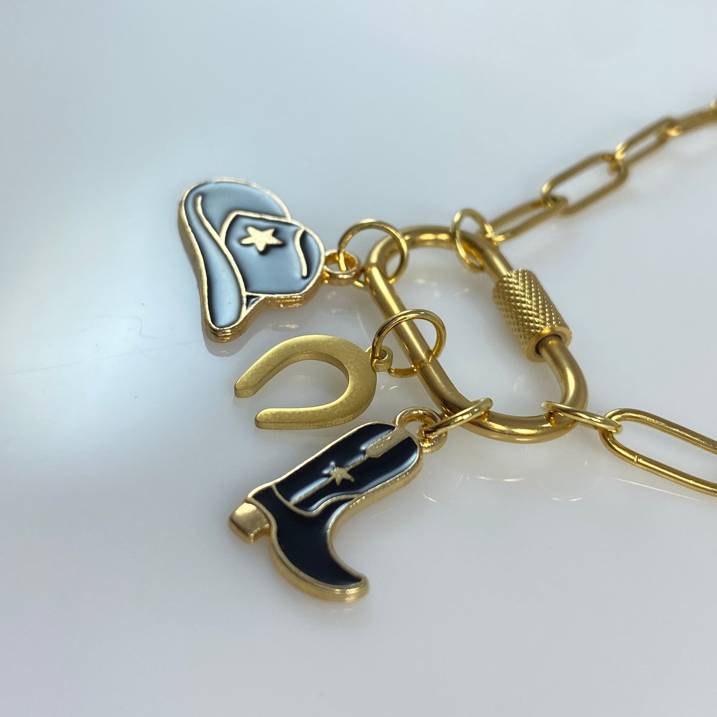 Oval Carabiner Cowgirl Cowboy Charms on Paperclip Chain Necklace