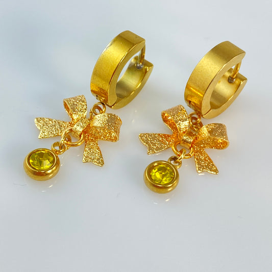 Gold Bows & Birthstone Huggie Hoop Earrings