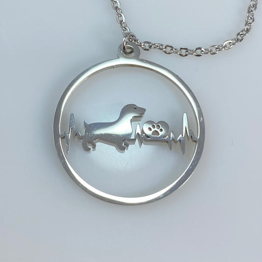 Dachshund Dog Heartbeat Pendant & Birthstone Cable Chain Necklace