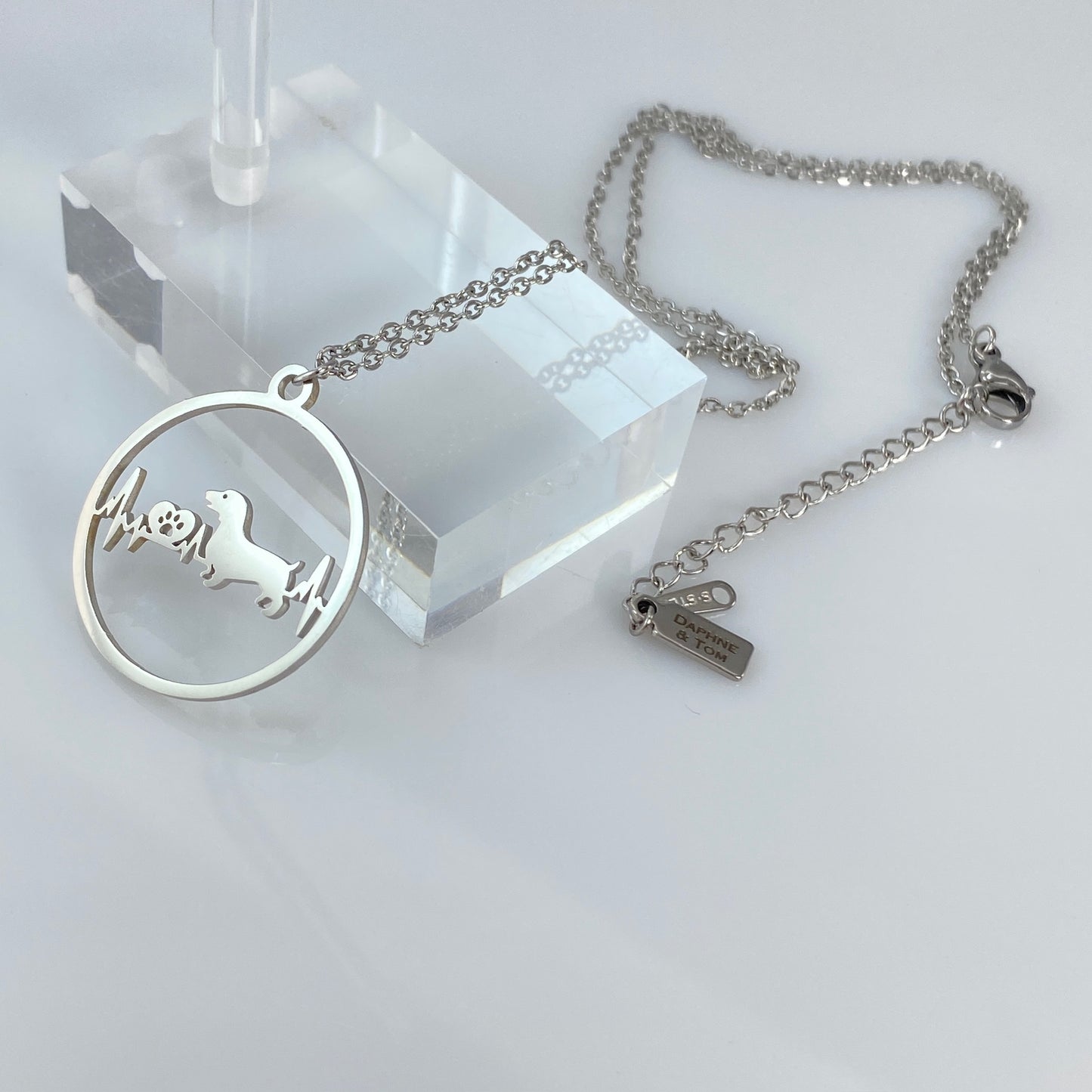 Dachshund Dog Heartbeat Pendant & Birthstone Cable Chain Necklace