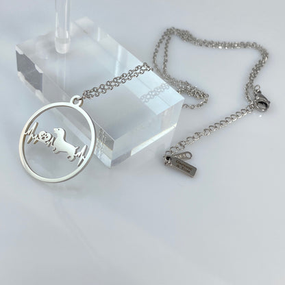 Dachshund Dog Heartbeat Pendant & Birthstone Cable Chain Necklace