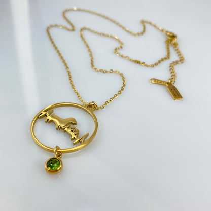 Dachshund Dog Heartbeat Pendant & Birthstone Cable Chain Necklace