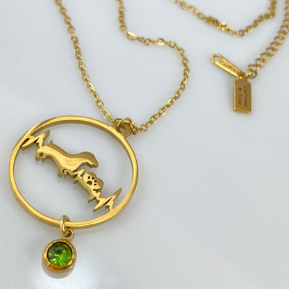 Dachshund Dog Heartbeat Pendant & Birthstone Cable Chain Necklace