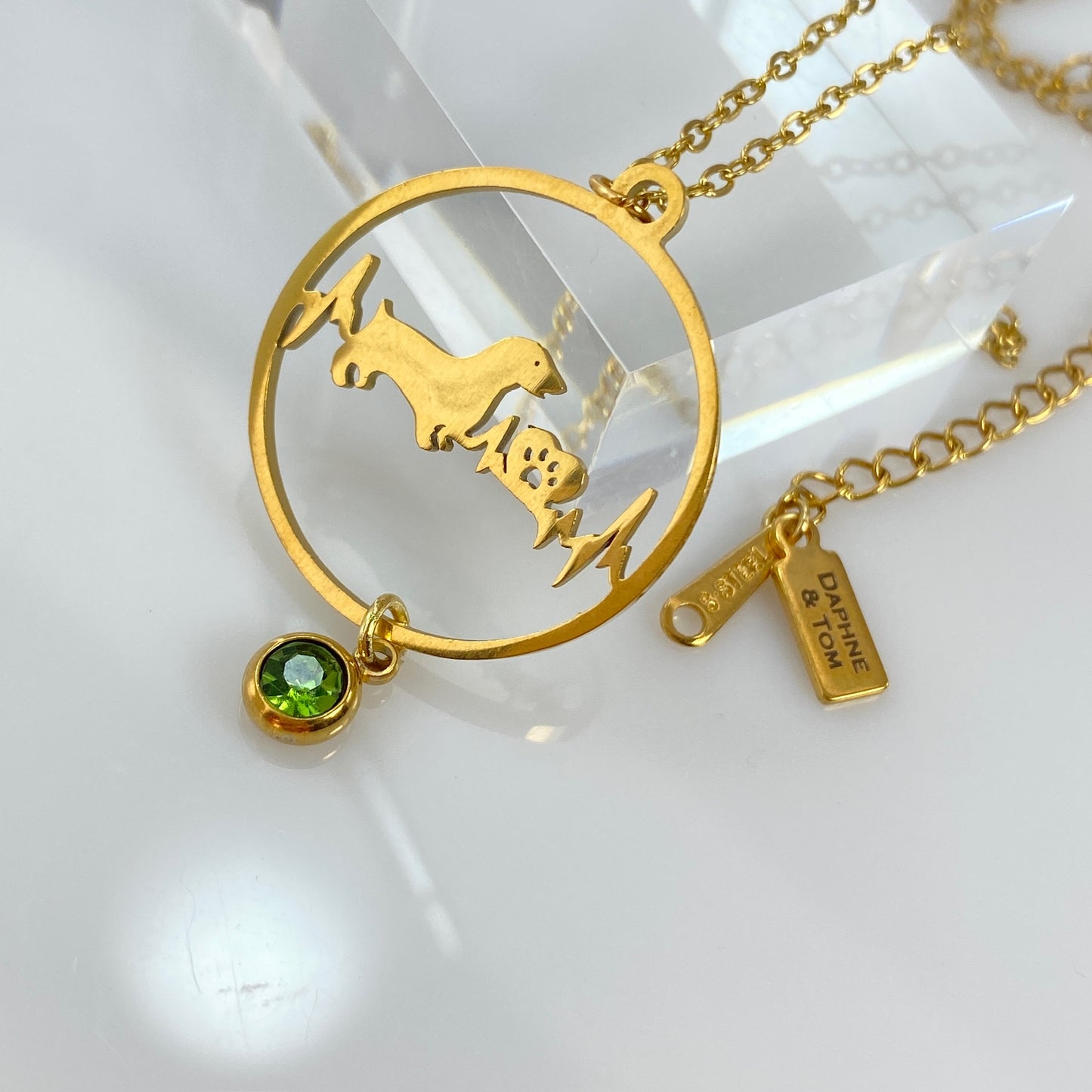 Dachshund Dog Heartbeat Pendant & Birthstone Cable Chain Necklace