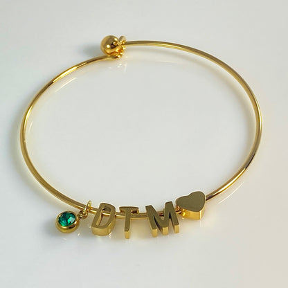 Initial, Heart & Birthstone Bangle Bracelet - MADE IN CANADA
