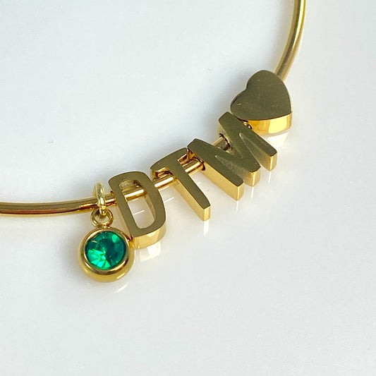 Initial, Heart & Birthstone Bangle Bracelet - MADE IN CANADA