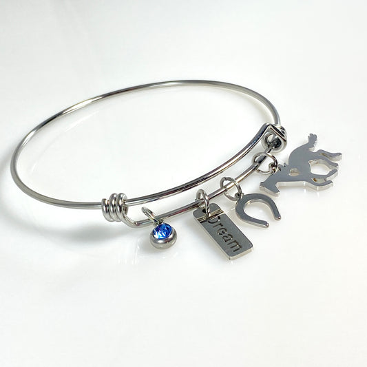 Silver Birthstone & Horse Charm Adjustable Bangle Bracelet - MADE IN CANADA
