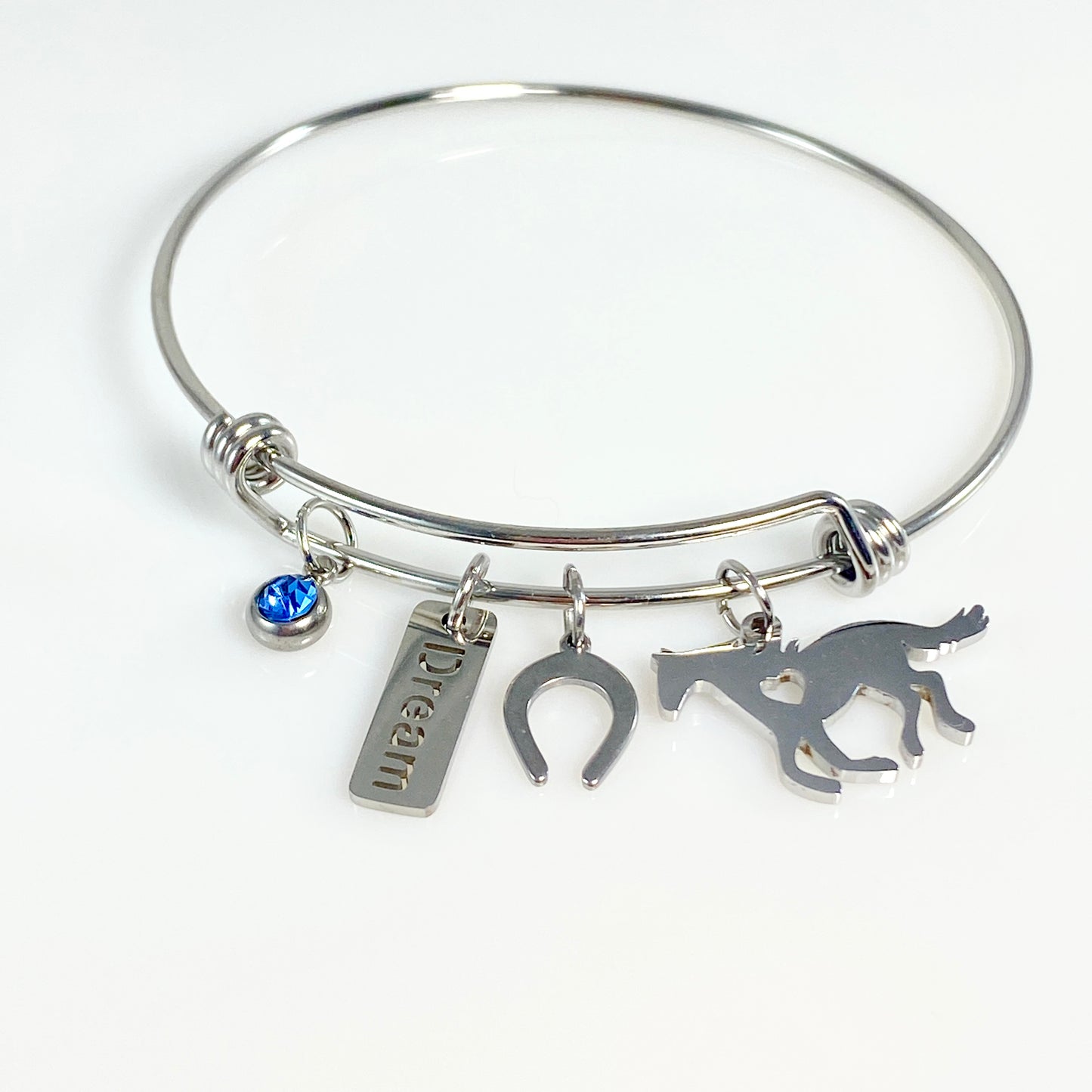 Silver Birthstone & Horse Charm Adjustable Bangle Bracelet - MADE IN CANADA