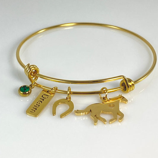 Gold Birthstone & Horse Charm Adjustable Bangle Bracelet - MADE IN CANADA