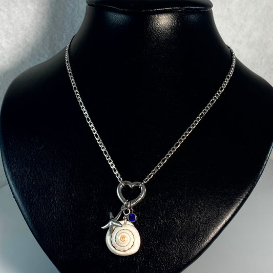 Beach Seastar, Shell & Birthstone Heart Carabiner Figaro Chain Necklace - MADE IN CANADA