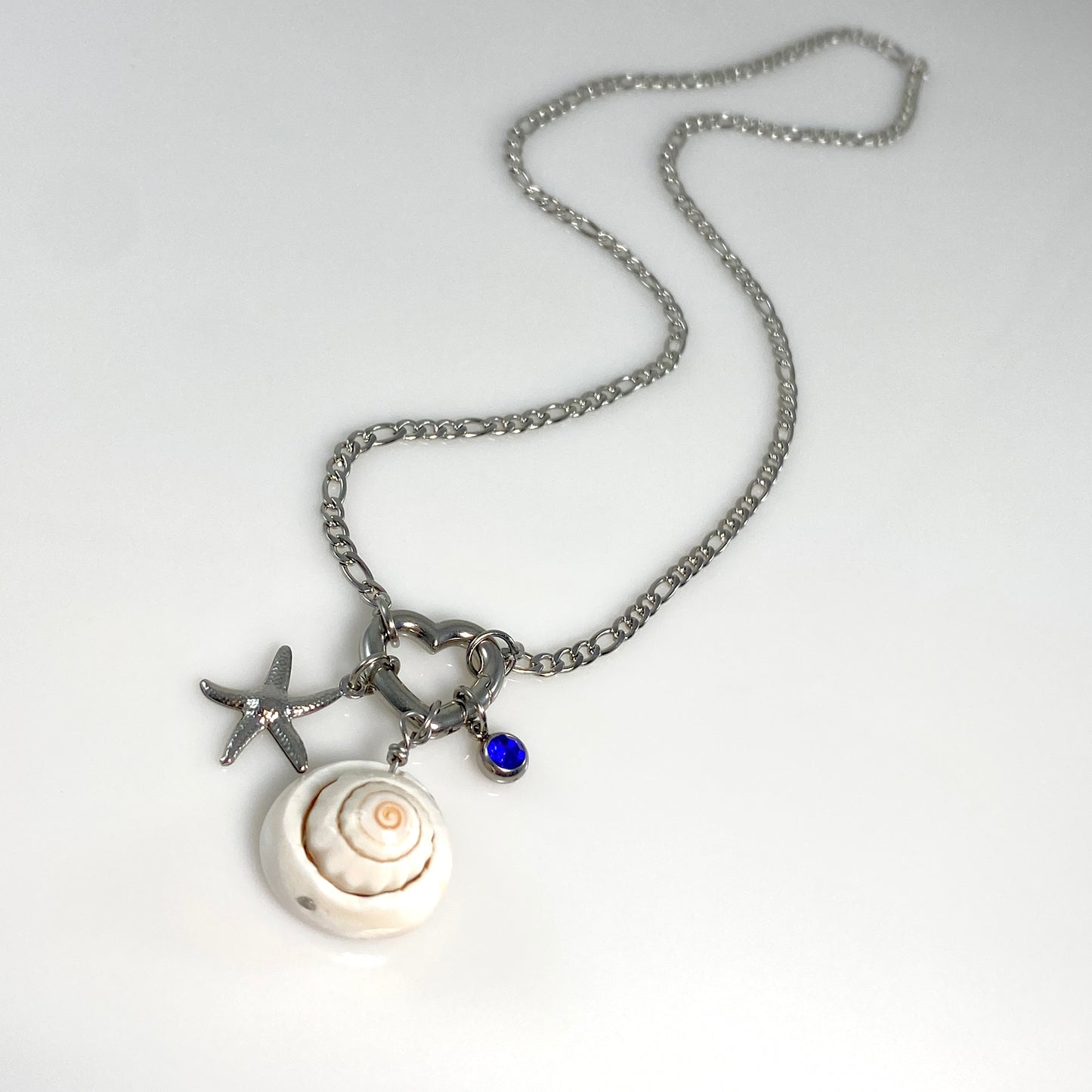 Beach Seastar, Shell & Birthstone Heart Carabiner Figaro Chain Necklace - MADE IN CANADA