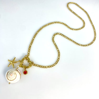 Gold Beach Seastar, Shell & Birthstone Heart Carabiner Figaro Chain Necklace