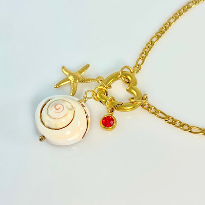 Gold Beach Seastar, Shell & Birthstone Heart Carabiner Figaro Chain Necklace