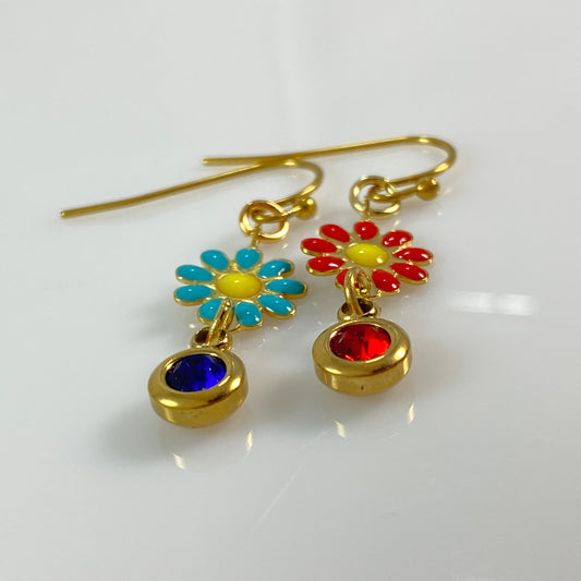 Enamel Flower Hook Earrings