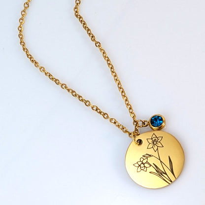 Gold Birth Flower & Birthstone Cable Chain Necklace