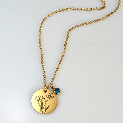 Gold Birth Flower & Birthstone Cable Chain Necklace