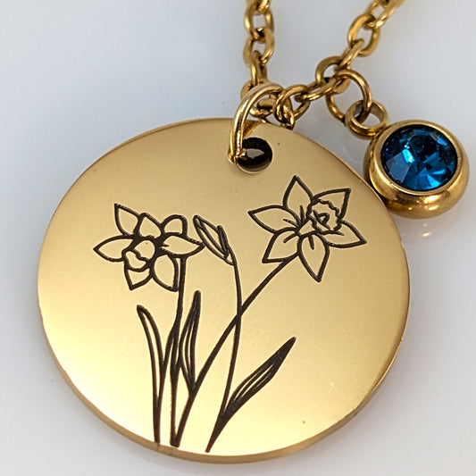 Gold Birth Flower & Birthstone Cable Chain Necklace