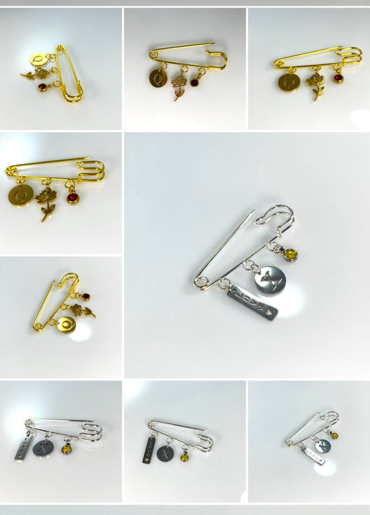 Birthstone, Birth Flower & Initial Letter Safety Pin Brooch