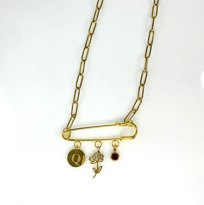 Gold Birthstone, Birth Flower & Initial Letter Safety Pin on Paperclip Necklace MADE IN CANADA