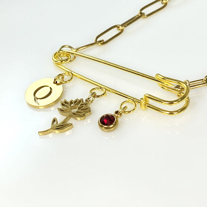 Gold Birthstone, Birth Flower & Initial Letter Safety Pin on Paperclip Necklace MADE IN CANADA