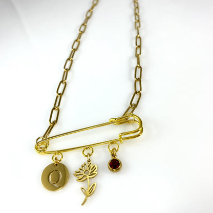 Gold Birthstone, Birth Flower & Initial Letter Safety Pin on Paperclip Necklace MADE IN CANADA