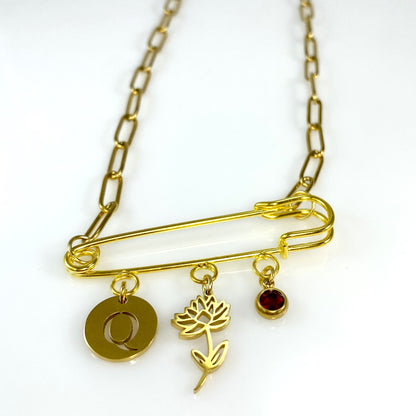 Gold Birthstone, Birth Flower & Initial Letter Safety Pin on Paperclip Necklace MADE IN CANADA