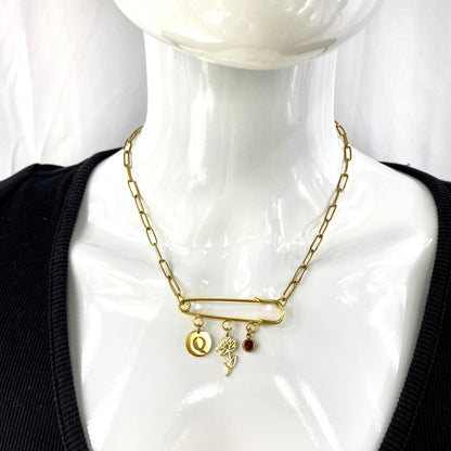 Gold Birthstone, Birth Flower & Initial Letter Safety Pin on Paperclip Necklace MADE IN CANADA